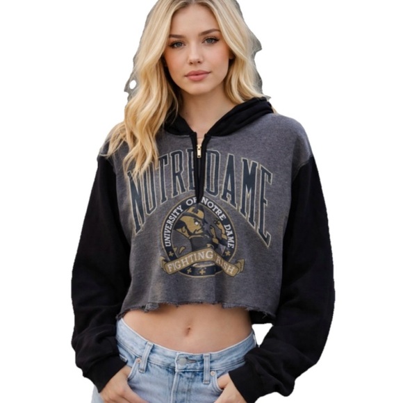 Re/Done Tops - REDONE Notre Dame Upcycled Cropped Hoodie Women’s Grey & Black Size XS/Small